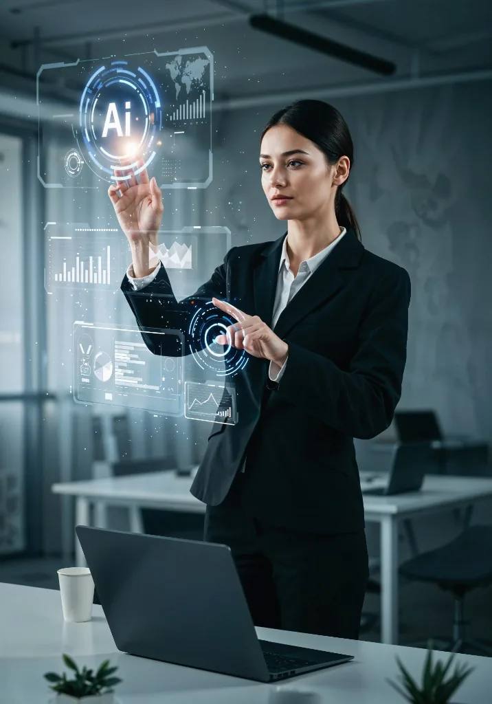Professional working with holographic AI dashboards and data visualizations in an office
