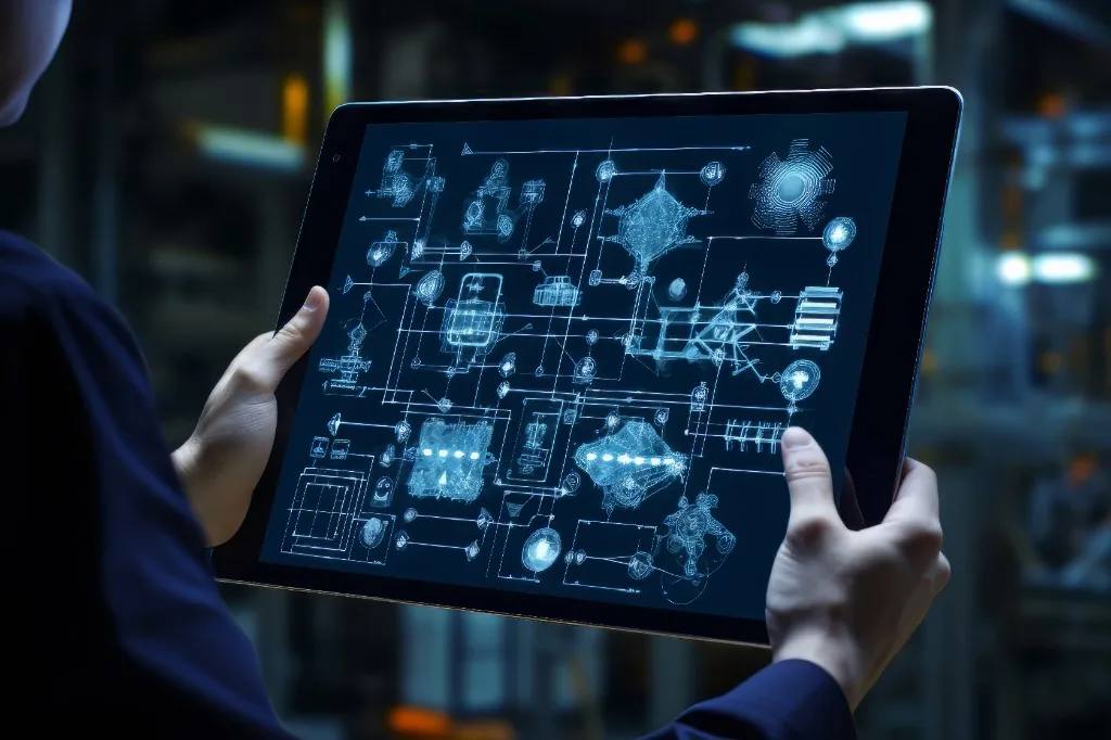 Hands holding a tablet showing an enterprise system integration and architecture diagram