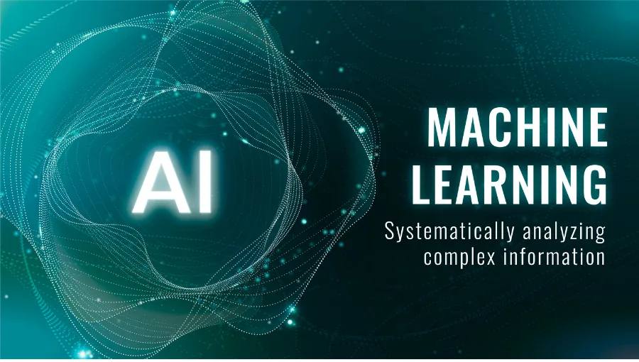 Machine learning — glowing AI neural graphic with ‘Machine Learning’ headline on a dark teal background