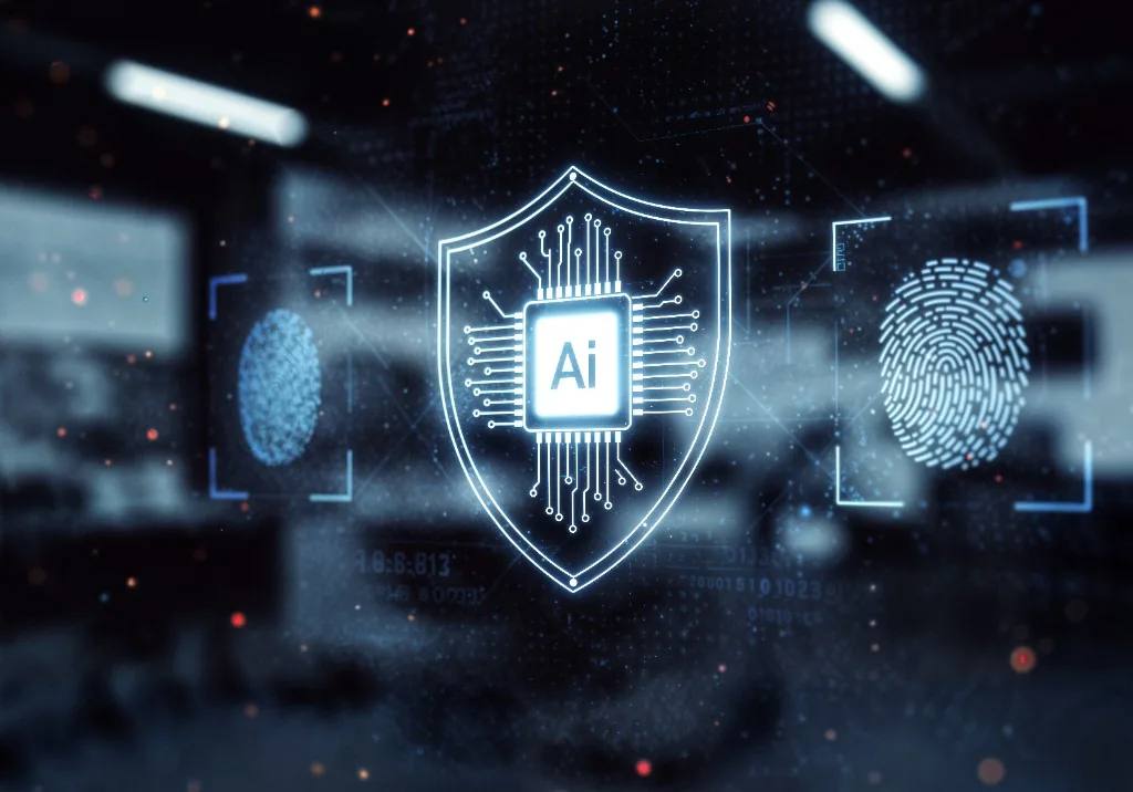 Responsible AI and governance — shield with AI chip and fingerprint verification on a digital security backdrop