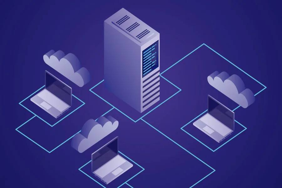 Isometric cloud and network architecture — servers, laptops, and connected cloud services