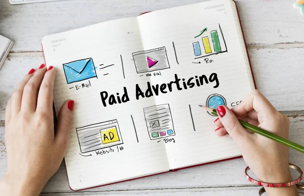 Paid advertising and digital marketing channels — notebook sketch with PPC and campaign icons